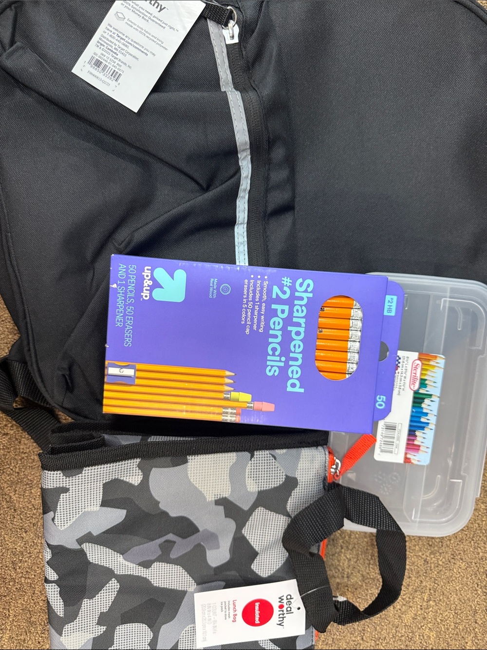 Black Kids Backpack with Gray Camo Lunch Bag and 50 Sharpened #2 Pencils